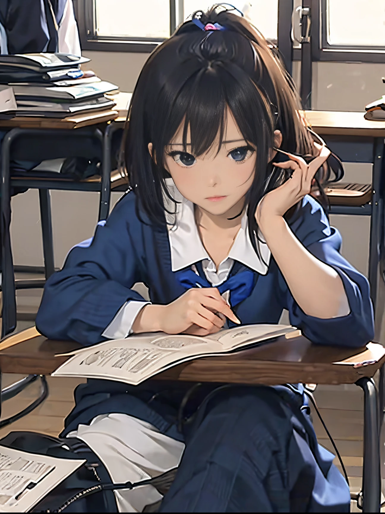 hightquality、masuter piece、8K、Photorealistic anime drawings、simple、（(1girl in:1.5、独奏)、（Sit in front of a desk、exam questions on the desk、Pen in hand）、14years、short-hair、Japan School Uniforms、Dark blue blazer、white  shirt、Dark blue ribbon at chest)、（school classrooms）