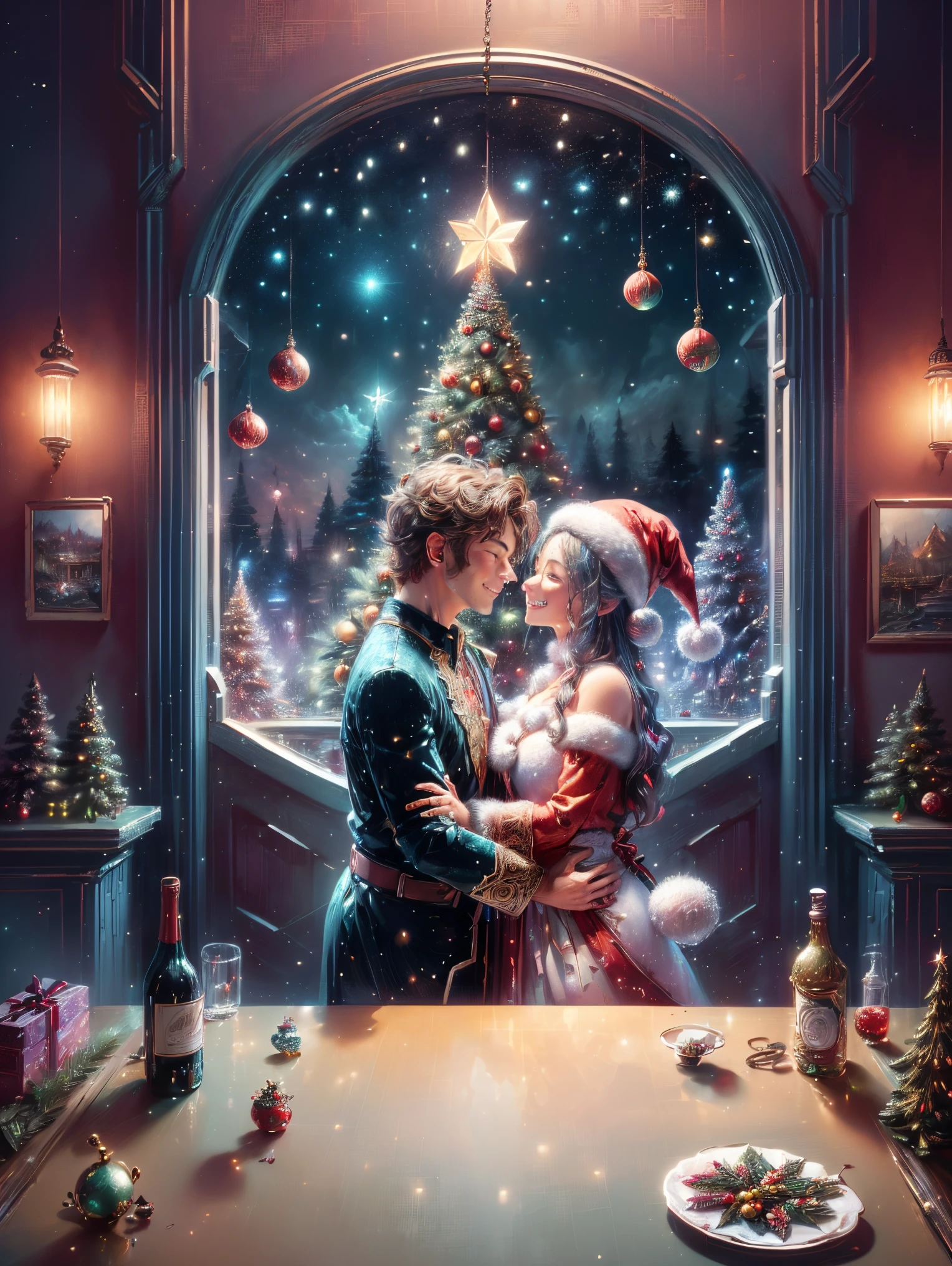 (Best quality, 8K, A high resolution, tmasterpiece:1.2), ultra - detailed, (actual, realistically:1.37), Vibrant colors, Magical atmosphere, Whimsical, ((sky full of stars，The North Star shines))，(((Use an illustration style), The room is decorated with a strong Christmas atmosphere. A string of shining colored lights hangs on the wall, Christmas wreath and little snowman on the windowsill, In the corner of the room stands a beautifully decorated Christmas tree. On a table, There are beautiful cutlery and red plates. In the center of the table, Have a sumptuous Christmas feast, Next to it is a bottle of red wine and two exquisite wine glasses. (((A male and female couple wearing Christmas costumes cuddling together))), Smiling and looking at each other，Eyes full of happiness and warmth. There are several scented candles lit in the room, It exudes a faint fragrance. Warm fire burning in the fireplace, Brings warmth and comfort to the entire room, Surreal, Psychedelic, Complicated details, Beautiful texture, Ethereal, like a dream, Soft glowing light, Charming Patterns, Fantasy creatures, Hidden surprises, dreamlike landscapes, Surreal color palette, Mystic aura, hyper realisitc, Enchanting journey, psychedelic trip, vivid imagination, immersive experience, Mysterious Christmas, otherworldly charm, glowing paths, Light up a magical Christmas, surreal sky, Whimsical themed festivals, a magical encounter, Fascinating artwork，(Ghibli-style colors, first person perspective, hyper HD, tmasterpiece, acurate, Anatomically correct, ctextured skin, super detailing, high detal, high qulity, Award-Awarded, Best quality at best, 8K)