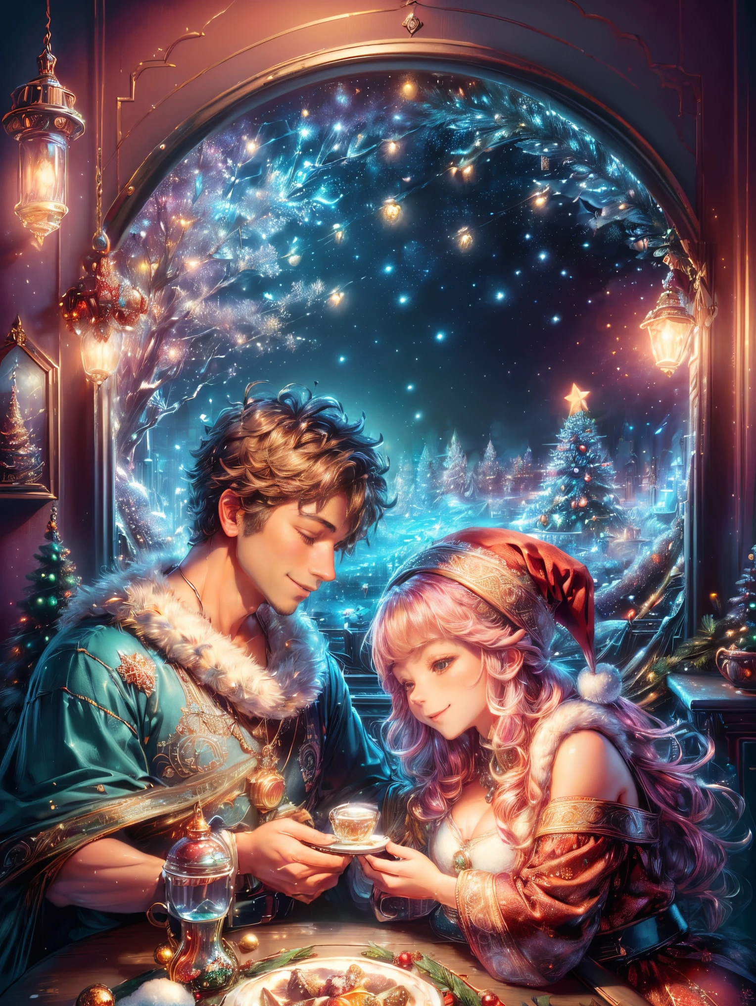 (Best quality, 8K, A high resolution, tmasterpiece:1.2), ultra - detailed, (actual, realistically:1.37), Vibrant colors, Magical atmosphere, Whimsical, ((sky full of stars，The North Star shines))，(((Use an illustration style), The room is decorated with a strong Christmas atmosphere. A string of shining colored lights hangs on the wall, Christmas wreath and little snowman on the windowsill, In the corner of the room stands a beautifully decorated Christmas tree. On a table, There are beautiful cutlery and red plates. In the center of the table, Have a sumptuous Christmas feast, Next to it is a bottle of red wine and two exquisite wine glasses. (((A male and female couple wearing Christmas costumes cuddling together))), Smiling and looking at each other，Eyes full of happiness and warmth. There are several scented candles lit in the room, It exudes a faint fragrance. Warm fire burning in the fireplace, Brings warmth and comfort to the entire room, Surreal, Psychedelic, Complicated details, Beautiful texture, Ethereal, like a dream, Soft glowing light, Charming Patterns, Fantasy creatures, Hidden surprises, dreamlike landscapes, Surreal color palette, Mystic aura, hyper realisitc, Enchanting journey, psychedelic trip, vivid imagination, immersive experience, Mysterious Christmas, otherworldly charm, glowing paths, Light up a magical Christmas, surreal sky, Whimsical themed festivals, a magical encounter, Fascinating artwork，(Ghibli-style colors, first person perspective, hyper HD, tmasterpiece, acurate, Anatomically correct, ctextured skin, super detailing, high detal, high qulity, Award-Awarded, Best quality at best, 8K)