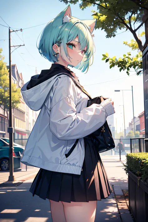 ((masutepiece)), ((Best Quality)), in 8K, detaileds, Ultra-detailed, Detailed and Intricicated, 1girl in, ear piercings, light blue and green hair, bob cuts, Cat's ears, Wink, profile, piece, skirt by the, Walk, a park, Winters