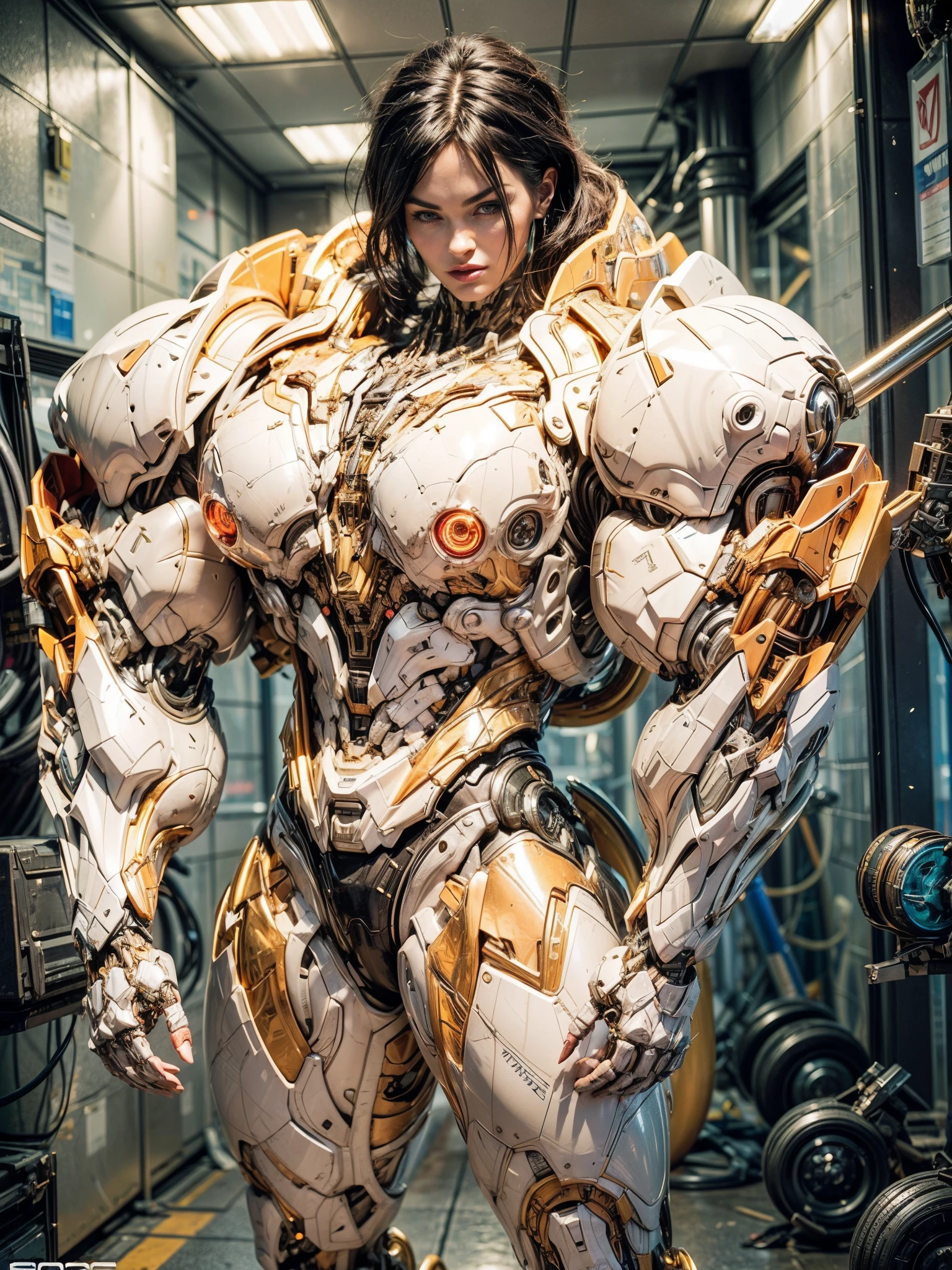 Megan Fox), (NU:1.25), cinématique, hyper détaillé, muscles noirs avec veines fluo, anatomie musculaire parfaite d&#39;une fille androïde chauve super musclée et sexy. Bel étalonnage des couleurs, améliorer la sensation cinématographique globale. Unreal Engine donne vie à sa combinaison musculaire cybernétique anatomique; fascinant. Avec profondeur de champ (DOF), chaque détail est concentré et accentué, attirant l&#39;attention sur ses yeux et la conception complexe de la combinaison musculaire cybernétique anatomique . Résolution d&#39;image maximale, utilisant une technologie de super-résolution pour garantir la perfection des pixels. cinématique lighting enhances her aura, tandis que les techniques d&#39;anticrénelage comme FXAA et TXAA maintiennent les bords lisses et propres. Raytracing réaliste avec technologie RTX pour un rendu parfait de la combinaison musculaire cybernétique anatomique. En plus, SSAO (Occlusion ambiante de l’espace de l’écran) donne de la profondeur et du réalisme à la scène, la combinaison musculaire cybernétique anatomique de la fille devient encore plus réaliste. Dans les étapes de post-traitement et de post-production, L&#39;amélioration du mappage tonal crée une expérience visuelle captivante. L&#39;intégration de CGI (Images générées par ordinateur) et VFX (L&#39;effet visuel fait ressortir les caractéristiques complexes de la combinaison musculaire cybernétique anatomique de manière transparente. Des détails incroyables avec, avec des éléments hyper maximalistes et hyper réalistes complexes méticuleusement intégrés à l&#39;œuvre d&#39;art. Les effets volumétriques ajoutent de la profondeur et de la dimension, avec un photoréalisme inégalé. Rendu de résolution d&#39;image 8K, garantissant des visuels ultra détaillés. L&#39;éclairage volumétrique ajoute une touche de magie, mettant en valeur sa beauté et l&#39;aura de sa combinaison musculaire cybernétique anatomique d&#39;une manière surnaturelle. Plage dynamique élevée (hdr) la technologie fait ressortir les couleurs, ajouter de la richesse à la composition globale. Finalement, cette œuvre d&#39;art présente une représentation irréelle d&#39;une androïde cybernétique super musclée