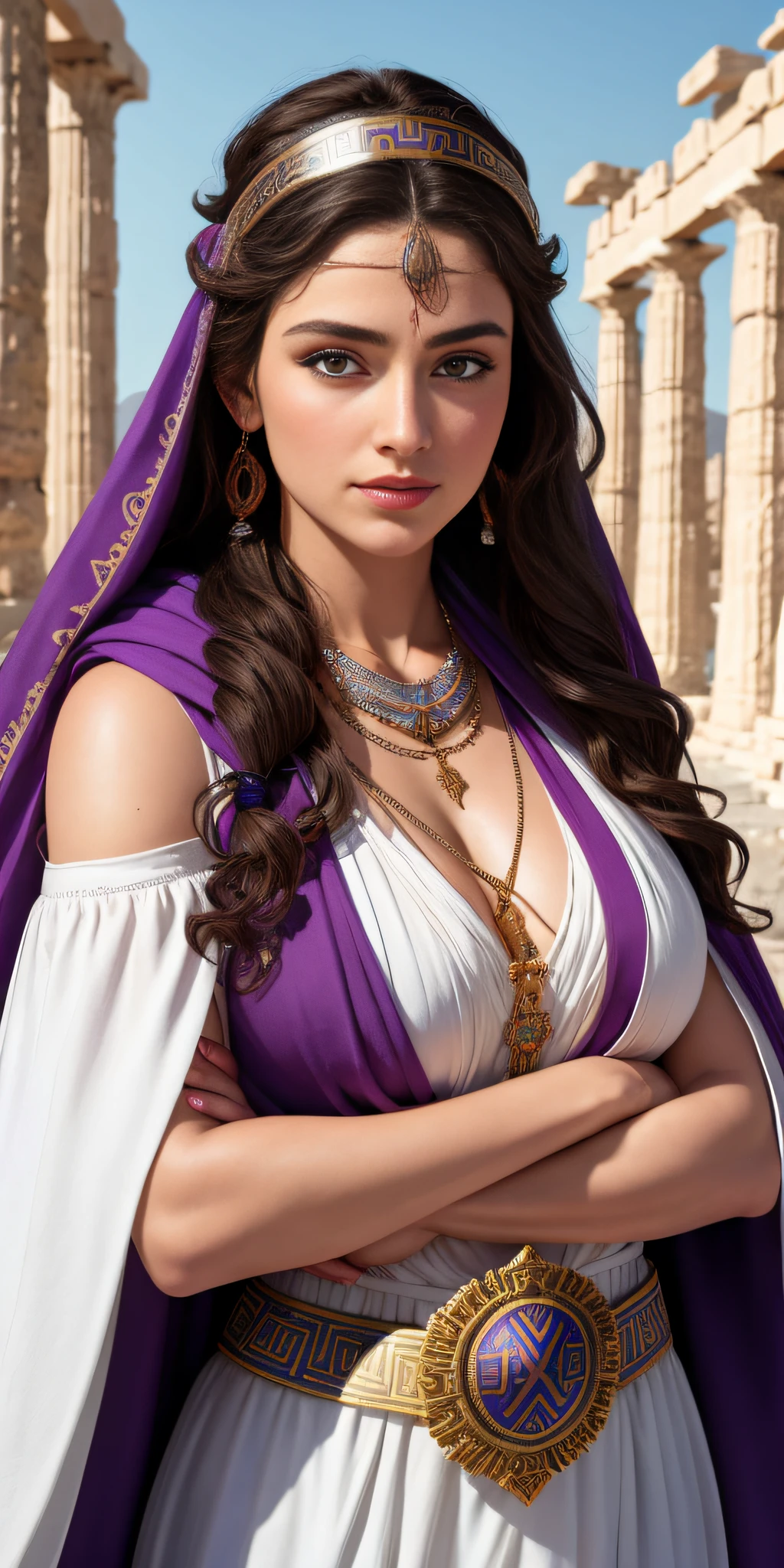 "((high quality image)), perfectly detailed and photorealistic with 8k resolution, fottorealistic, hyperrealistic, intricate details, depicting a beautiful priestess Delphi (Pythian), curly black hair, fleshy lips. She wears a white priestly robe and around her shoulders a purple scarf, and necklaces of protection against evil and a bandana on her forehead. And behind it is a giant statue of Zeus and Greek pillars.