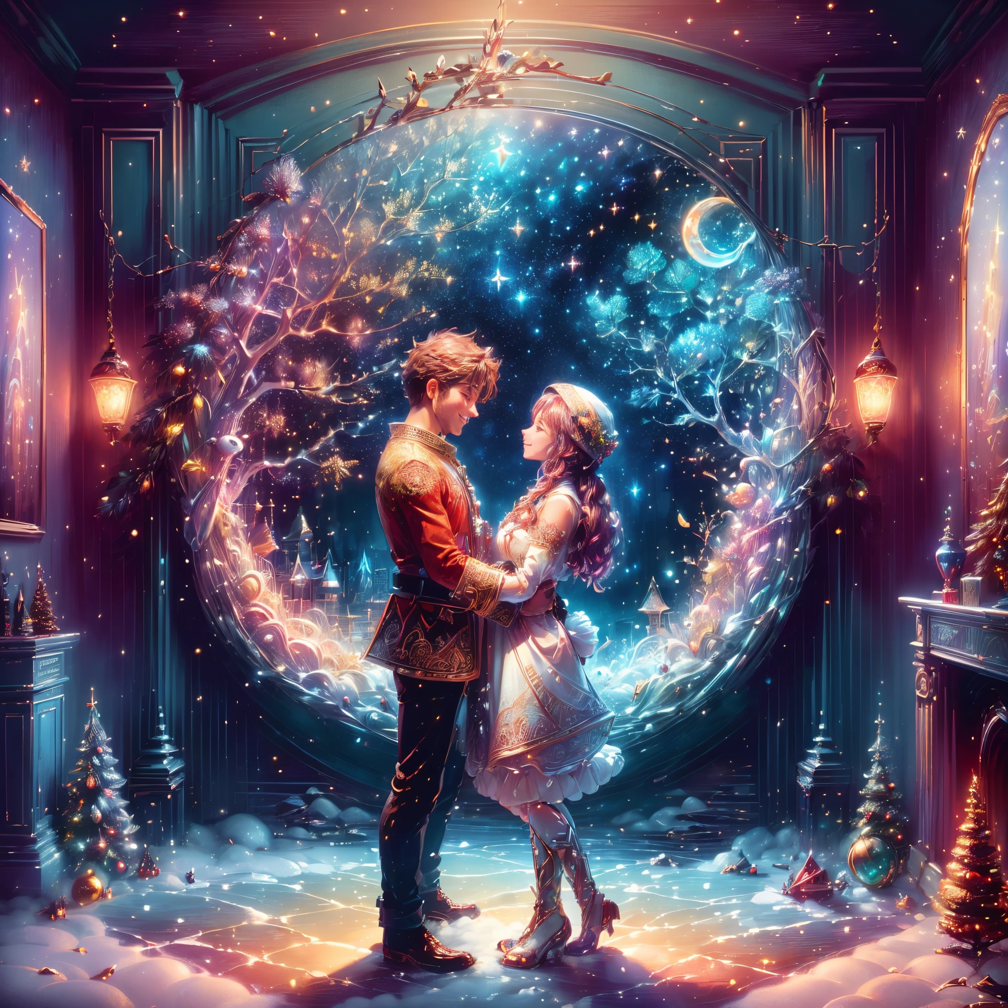 (Best quality, 8K, A high resolution, tmasterpiece:1.2), ultra - detailed, (actual, realistically:1.37), Vibrant colors, Magical atmosphere, Whimsical, ((sky full of stars，The North Star shines))，(((Use an illustration style), The room is decorated with a strong Christmas atmosphere. A string of shining colored lights hangs on the wall, Christmas wreath and little snowman on the windowsill, In the corner of the room stands a beautifully decorated Christmas tree. On a table, There are beautiful cutlery and red plates. In the center of the table, Have a sumptuous Christmas feast, Next to it is a bottle of red wine and two exquisite wine glasses. (((A male and female couple wearing Christmas costumes cuddling together))), Smiling and looking at each other，Eyes full of happiness and warmth. There are several scented candles lit in the room, It exudes a faint fragrance. Warm fire burning in the fireplace, Brings warmth and comfort to the entire room, Surreal, Psychedelic, Complicated details, Beautiful texture, Ethereal, like a dream, Soft glowing light, Charming Patterns, Fantasy creatures, Hidden surprises, dreamlike landscapes, Surreal color palette, Mystic aura, hyper realisitc, Enchanting journey, psychedelic trip, vivid imagination, immersive experience, Mysterious Christmas, otherworldly charm, glowing paths, Light up a magical Christmas, surreal sky, Whimsical themed festivals, a magical encounter, Fascinating artwork，(Ghibli-style colors, first person perspective, hyper HD, tmasterpiece, acurate, Anatomically correct, ctextured skin, super detailing, high detal, high qulity, Award-Awarded, Best quality at best, 8K)