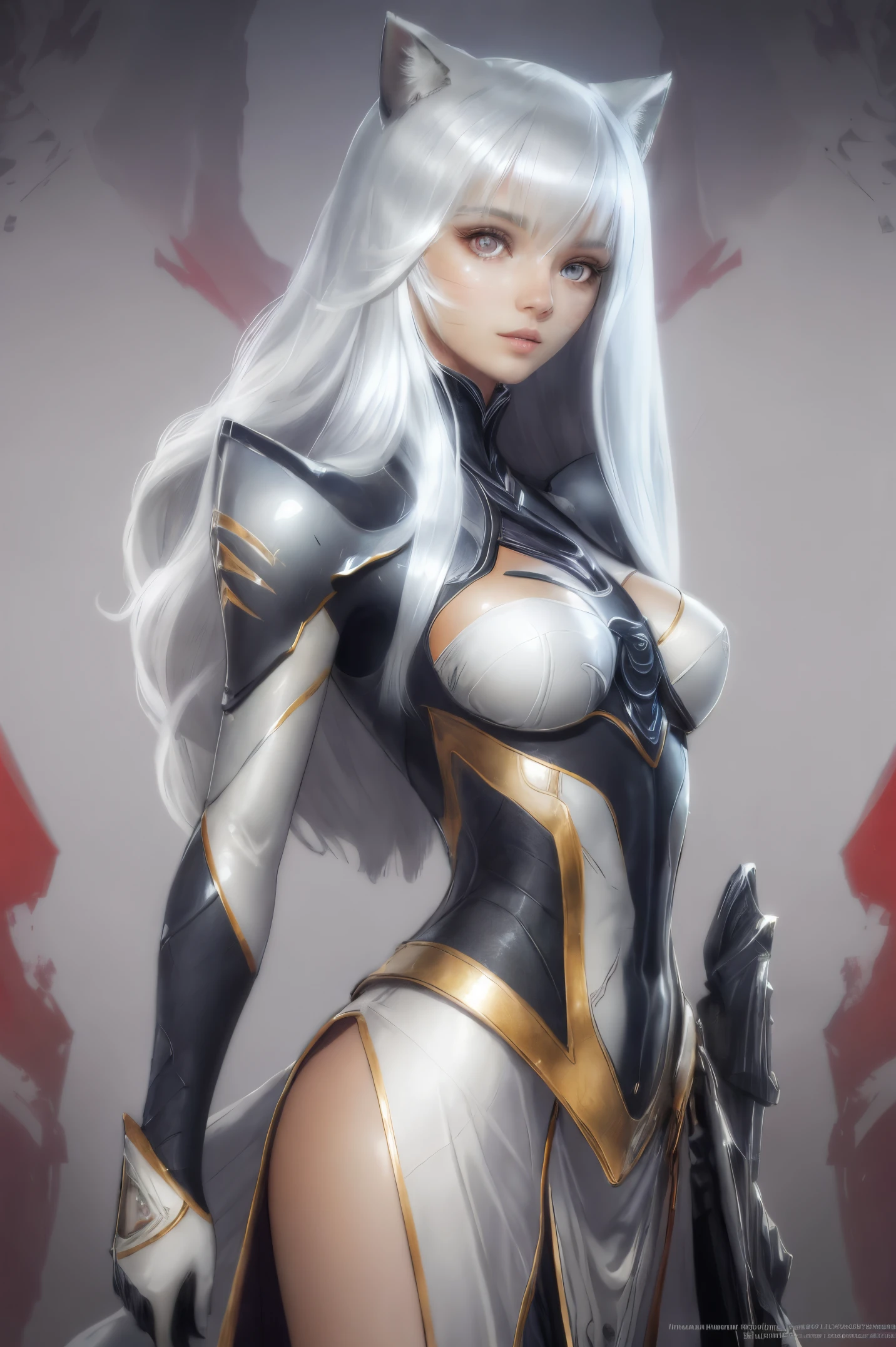 (Best Quality,hight resolution,Masterpiece:1.2),HDR,Ultra-detailed,Realistic,Photorealistic:1.37, Girl with long hair, red eyes, 独奏, white long dress, Irelia, looking at the viewer, white colored hair, bronya, lips, corner, symmetric eyes, medieval background