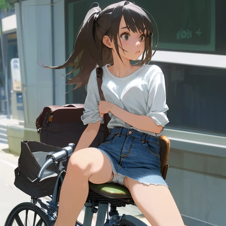 a girl sitting on bicycle saddle, denim miniskirt, white panties,