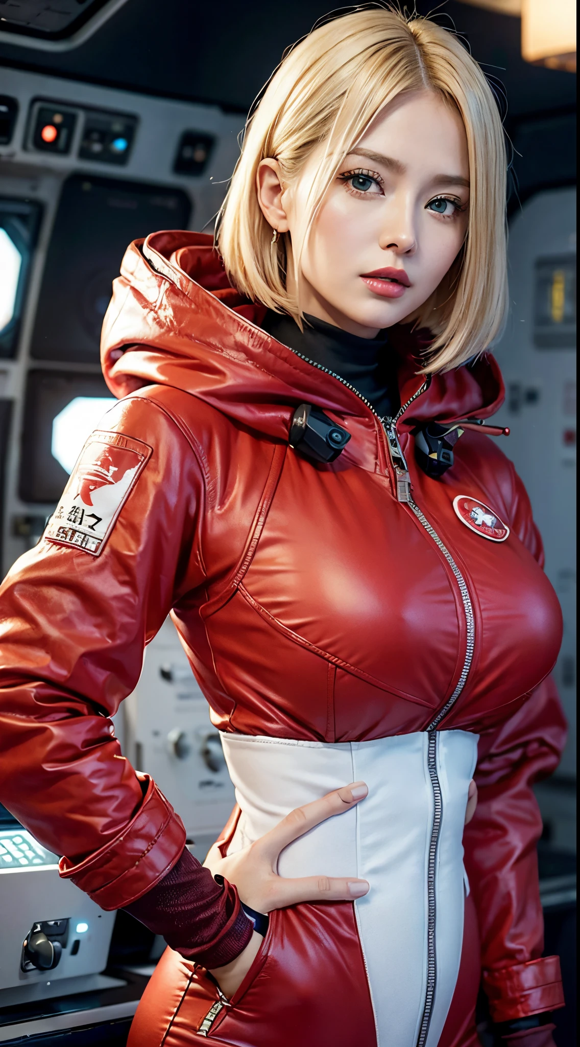 (hyper realstic)、Future Female Pilots、
immensity　Beautie　high-level image quality　hight resolution　Realistic　Shorthair　a blond、　blond woman in a、A MILF、Middle-aged woman、((Big big))、detailed skin textures、超A high resolution、Realistic、Voluptuous body shape、angry looking face、Middle-aged beauty、Beautiful expression、Detailed green ironed fluffy hair、Kamimei、Very delicate and detailed skin texture、３５A woman pilots a giant space station)、female pilot batlight red lips、((Wear a red flight suit))、(((Alone)))、