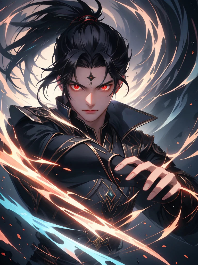 a painting that represents the nature of magic in his world，Black hair with high ponytail，The red-eyed protagonist has a mysterious black mark on his neck，Immerse yourself in a barrage of magical energy，Normal hands，Glowing particles dance around him，Mysterious symbols formed in the sky， tmasterpiece， Best quality， ultra - detailed， lamplight， 8k resolution concept art， Fantasyart， epic art， 4K concept art wallpaper，dark colour，natural  lightting，swirls of magic，