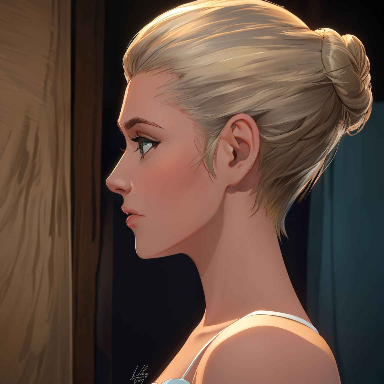 There&#39;s a woman with a bun in her hair, profile posing, elegant profile pose, elegant profile pose, profile posing, side profile portrait, side profile centered portrait, a woman's profile, hair styled into a bun, woman's profile, side profile cenetered portrait, profile face, flat hair, profile face, head turned to the side