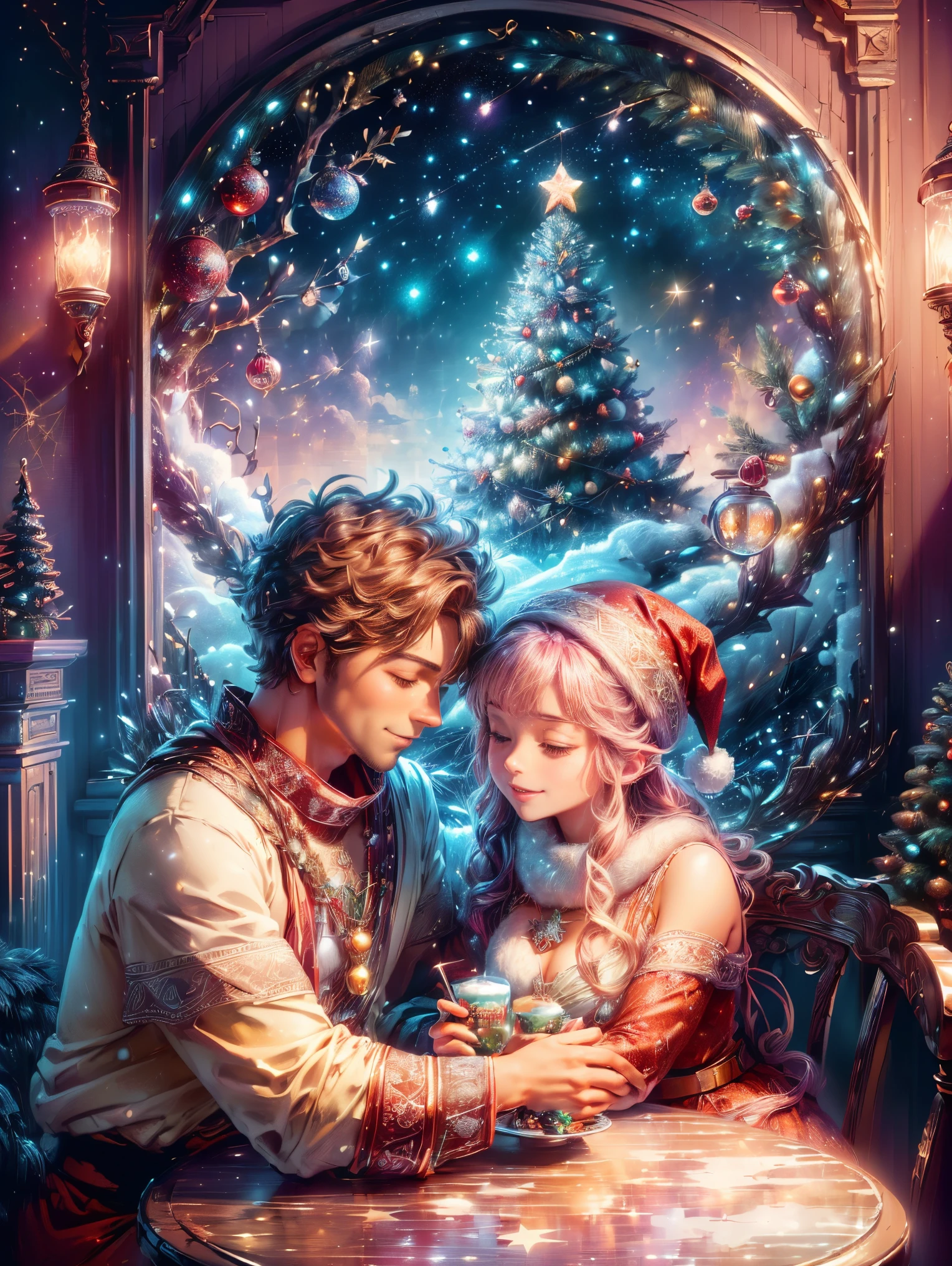 (Best quality, 8K, A high resolution, tmasterpiece:1.2), ultra - detailed, (actual, realistically:1.37), Vibrant colors, Magical atmosphere, Whimsical, ((sky full of stars，The North Star shines))，(((Use an illustration style), The room is decorated with a strong Christmas atmosphere. A string of shining colored lights hangs on the wall, Christmas wreath and little snowman on the windowsill, In the corner of the room stands a beautifully decorated Christmas tree. On a table, There are beautiful cutlery and red plates. In the center of the table, Have a sumptuous Christmas feast, Next to it is a bottle of red wine and two exquisite wine glasses. (((A male and female couple wearing Christmas costumes cuddling together))), Smiling and looking at each other，Eyes full of happiness and warmth. There are several scented candles lit in the room, It exudes a faint fragrance. Warm fire burning in the fireplace, Brings warmth and comfort to the entire room, Surreal, Psychedelic, Complicated details, Beautiful texture, Ethereal, like a dream, Soft glowing light, Charming Patterns, Fantasy creatures, Hidden surprises, dreamlike landscapes, Surreal color palette, Mystic aura, hyper realisitc, Enchanting journey, psychedelic trip, vivid imagination, immersive experience, Mysterious Christmas, otherworldly charm, glowing paths, Light up a magical Christmas, surreal sky, Whimsical themed festivals, a magical encounter, Fascinating artwork，(Ghibli-style colors, first person perspective, hyper HD, tmasterpiece, acurate, Anatomically correct, ctextured skin, super detailing, high detal, high qulity, Award-Awarded, Best quality at best, 8K)