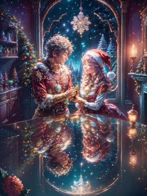 (Best quality, 8K, A high resolution, tmasterpiece:1.2), ultra - detailed, (actual, realistically:1.37), Vibrant colors, Magical atmosphere, Whimsical, ((sky full of stars，The North Star shines))，(((Use an illustration style), The room is decorated with a strong Christmas atmosphere. A string of shining colored lights hangs on the wall, Christmas wreath and little snowman on the windowsill, In the corner of the room stands a beautifully decorated Christmas tree. On a table, There are beautiful cutlery and red plates. In the center of the table, Have a sumptuous Christmas feast, Next to it is a bottle of red wine and two exquisite wine glasses. (((A male and female couple wearing Christmas costumes cuddling together))), Smiling and looking at each other，Eyes full of happiness and warmth. There are several scented candles lit in the room, It exudes a faint fragrance. Warm fire burning in the fireplace, Brings warmth and comfort to the entire room, Surreal, Psychedelic, Complicated details, Beautiful texture, Ethereal, like a dream, Soft glowing light, Charming Patterns, Fantasy creatures, Hidden surprises, dreamlike landscapes, Surreal color palette, Mystic aura, hyper realisitc, Enchanting journey, psychedelic trip, vivid imagination, immersive experience, Mysterious Christmas, otherworldly charm, glowing paths, Light up a magical Christmas, surreal sky, Whimsical themed festivals, a magical encounter, Fascinating artwork，(Ghibli-style colors, first person perspective, hyper HD, tmasterpiece, acurate, Anatomically correct, ctextured skin, super detailing, high detal, high qulity, Award-Awarded, Best quality at best, 8K)