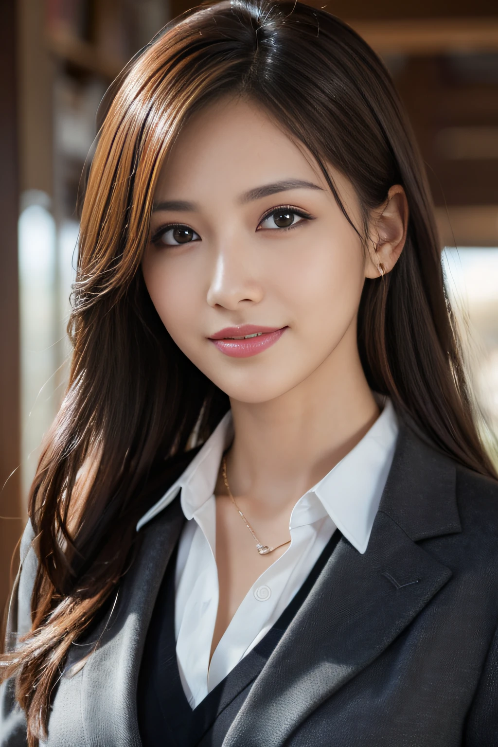 masutepiece, Best Quality, Photorealistic, Ultra-detailed, finely detail, High resolution, 8K Wallpaper, 1 beautiful woman,, light brown messy hair, in a business suit, foco nítido, Perfect dynamic composition, Beautiful detailed eyes, detailed hairs, Detailed realistic skin texture, Smiling, Close-up portrait, Model body type