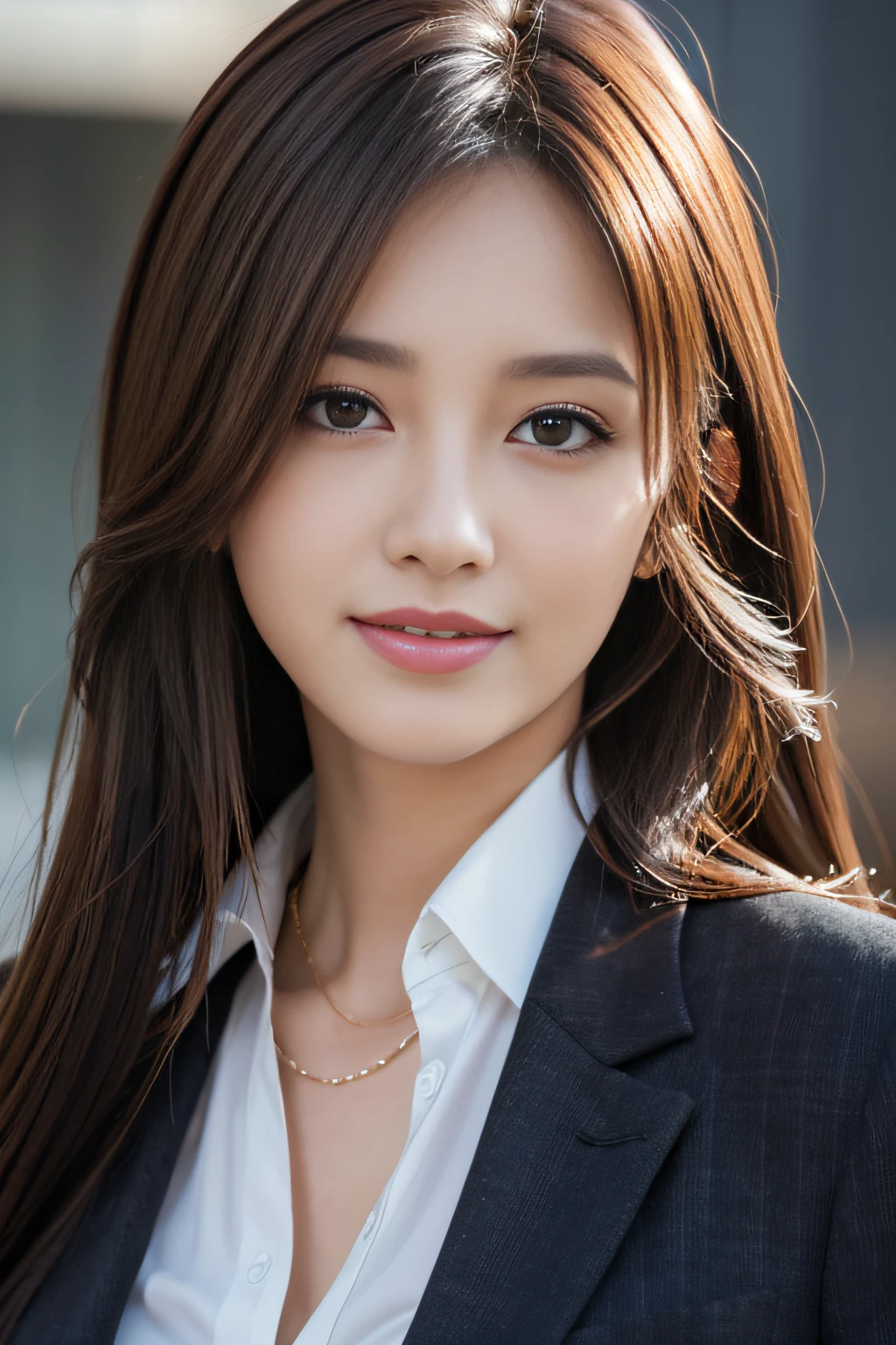 masutepiece, Best Quality, Photorealistic, Ultra-detailed, finely detail, High resolution, 8K Wallpaper, 1 beautiful woman,, light brown messy hair, in a business suit, foco nítido, Perfect dynamic composition, Beautiful detailed eyes, detailed hairs, Detailed realistic skin texture, Smiling, Close-up portrait, Model body type