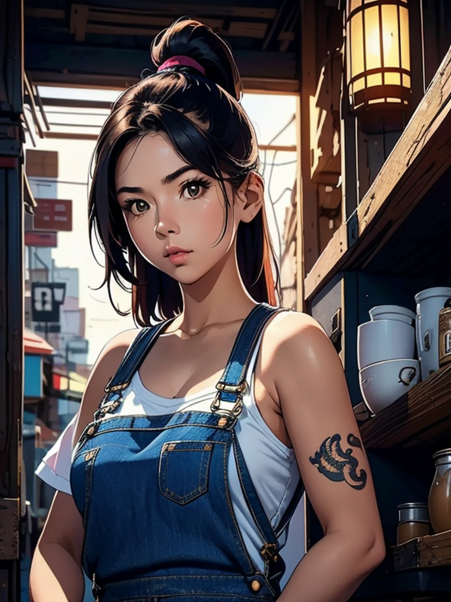 a photo of pho3b3cat3s, beautiful woman, ((24 years old)), street, tshirt, denim overalls, 1980s, retro, long wavy dark hair ponytail, (masterpiece), (extremely detailed CG unity 8k wallpaper), Intricate, ((photorealistic)),