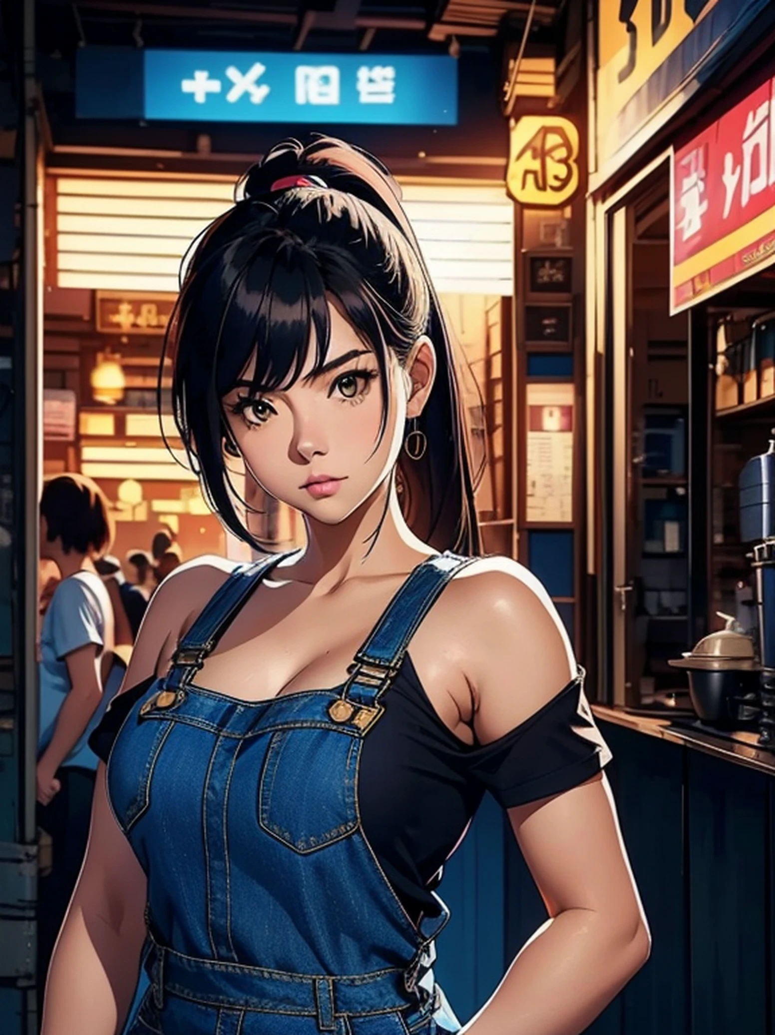 a photo of pho3b3cat3s, beautiful woman, ((24 years old)), street, tshirt, denim overalls, 1980s, retro, long wavy dark hair ponytail, (masterpiece), (extremely detailed CG unity 8k wallpaper), Intricate, ((photorealistic)),