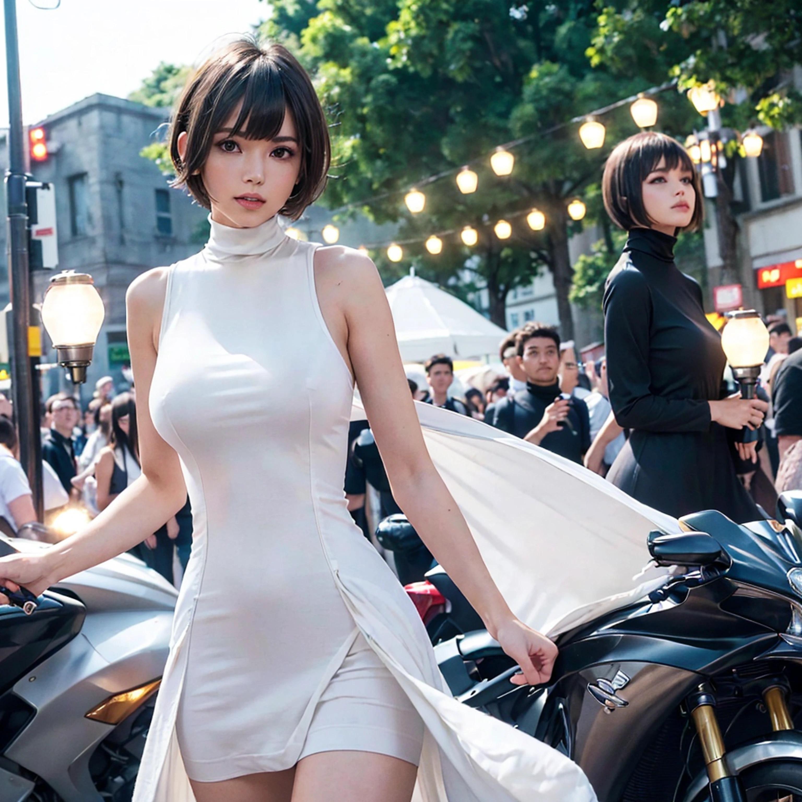 best quality, 1girl, (skindentation), (huge breast:1.2), (blur background:0.6), (street:1.2), (people, crowds:1), garden, day, outdoor, (casual yet stylish, elegant cloth, high neck dress:1.5), gorgeous, (bangs, short hair:1.5), (floating hair:1.2), (dynamic pose:1.2), soft lighting, wind, (front light:1.5),  makeup,