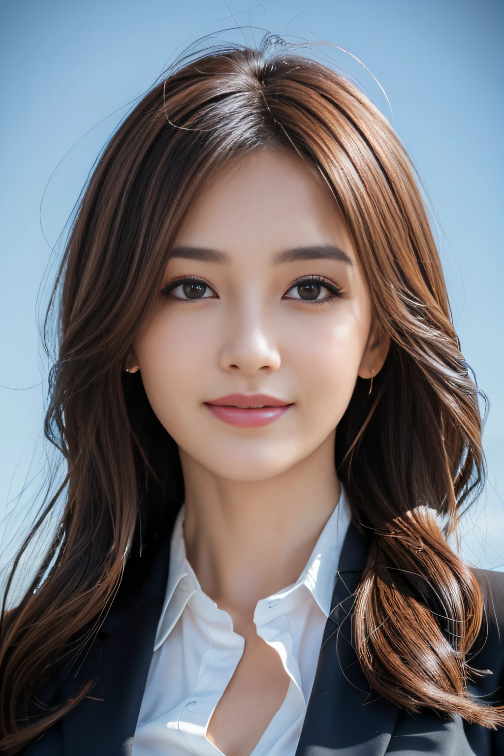 masutepiece, Best Quality, Photorealistic, Ultra-detailed, finely detail, High resolution, 8K Wallpaper, 1 beautiful woman,, light brown messy hair, in a business suit, foco nítido, Perfect dynamic composition, Beautiful detailed eyes, detailed hairs, Detailed realistic skin texture, Smiling, Close-up portrait, Model body type