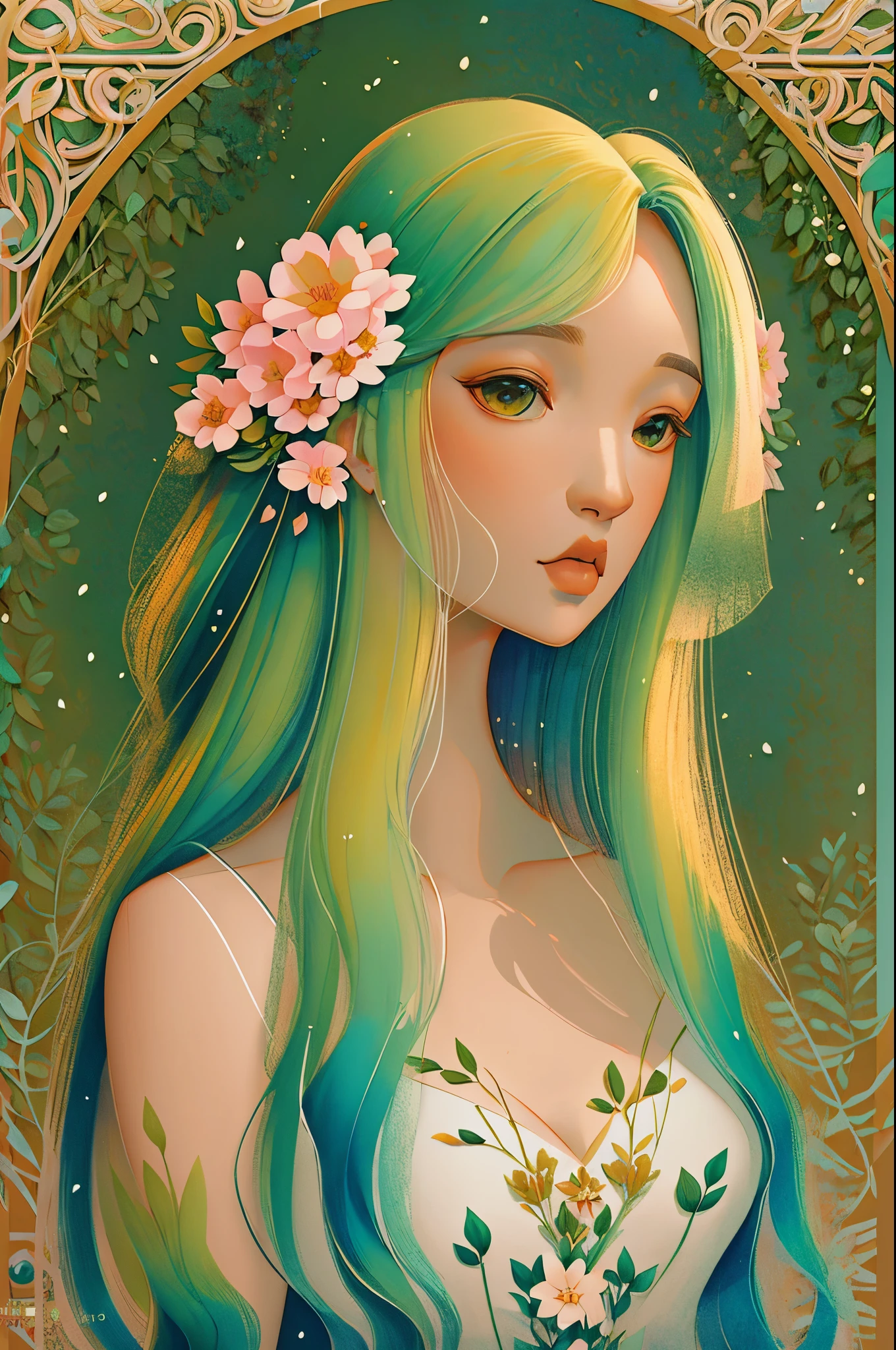 hiquality，Masterpiece，delicate facial features，Delicate Hair，gentle eyes，Delicate Hair，Girl Animemanga，deer antler hair color，florals, Dreamy style, Fantastic flower garden，Fantasy clothing,Romantic dress, beautiful and elegant elf queen, a beautiful fantasy empress, fantasy art style, ((a beautiful fantasy empress)), anime fantasy illustration, high priestess, faery, Queen of the Summer Forest, anime art nouveau, Goddess of the Forest, portrait of an elf queen, beautiful illustration，8k high quality detailed art（Subtle facial image）（Image of fine hair）（topquality）（Masterpieces of masters）（High degree of completeness）（A sense of atmosphere）8k wall paper，tmasterpiece，The best quality at its best，Ultra-detailed Information