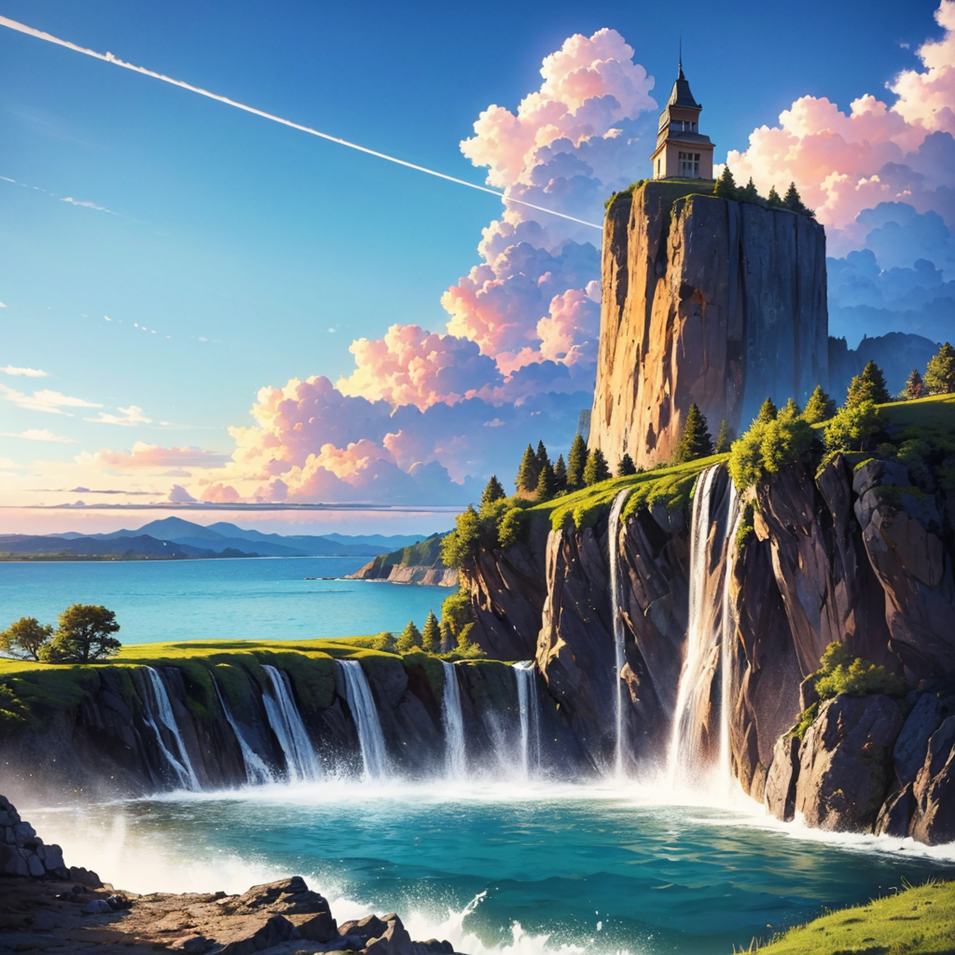 ({{highres,}},masterpiece,ultra-detailed,best quality,8k)cloud, sky, scenery, day, blue_sky, mountain, cloudy_sky, outdoors, waterfall, fantasy, horizon, cliff, rock, water, landscape, mountainous_horizon, ocean, tree, river, floating_island