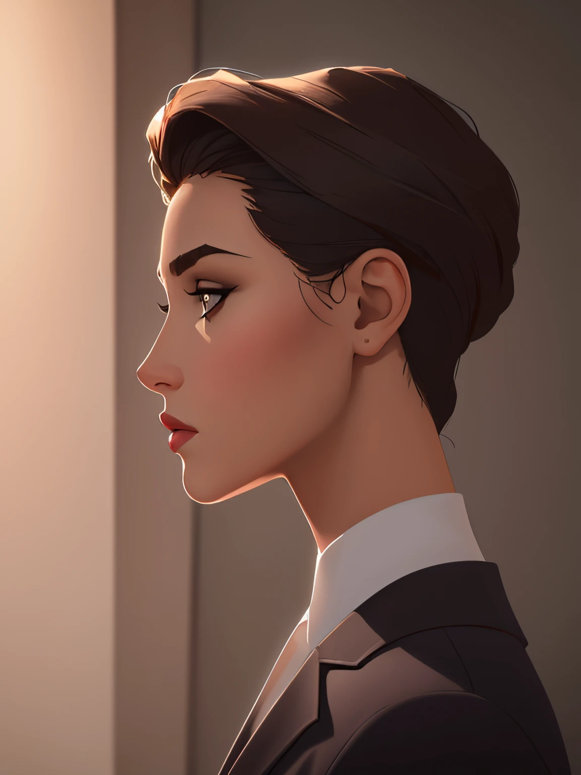 (best quality, highres, realistic:1.37), (portrait:1.1), (studio lighting), orthogonal profile picture, straight profile picture, detailed facial features, symmetric face, flawless skin, well-defined jawline, deep-set eyes, sharp eyebrows, luscious lips, natural-looking makeup, minimalistic background, soft color palette, balanced lighting,foto de perfil ortogonal, profile photo without tilt