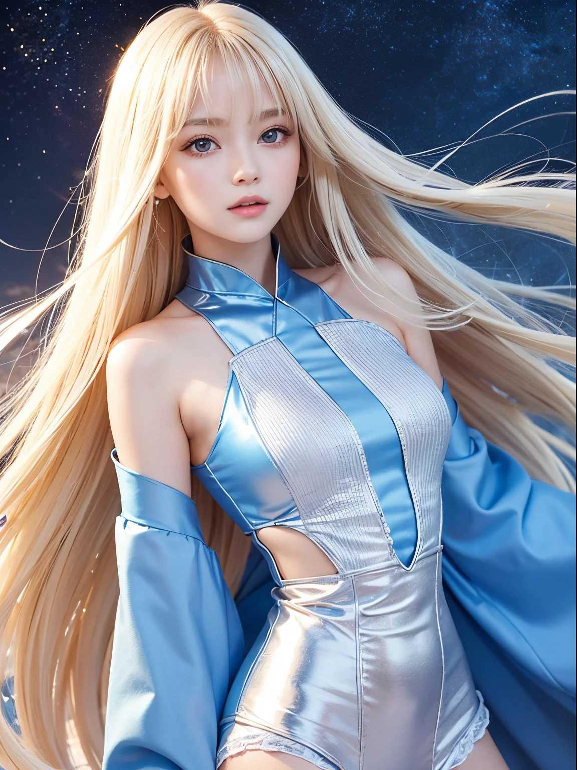 solo girl, Uniformes, cielo azul, Cara brillante y hermosa, La piel es joven, brillante, fair and brillante, mejor apariencia, El cabello dorado refleja la luz deslumbrante., Beautiful platinum blonde extra long silky straight hair with brillante shine, con flequillo largo, muy hermoso , Grandes ojos que brillan con luz azul transparente., hermosa maravillosa hermosa niña