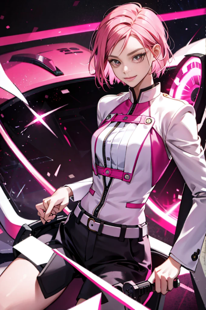 girl,short pink hair,pink eyes, pink killer outf it,open cleavage,smile,m asterpiece,high quality