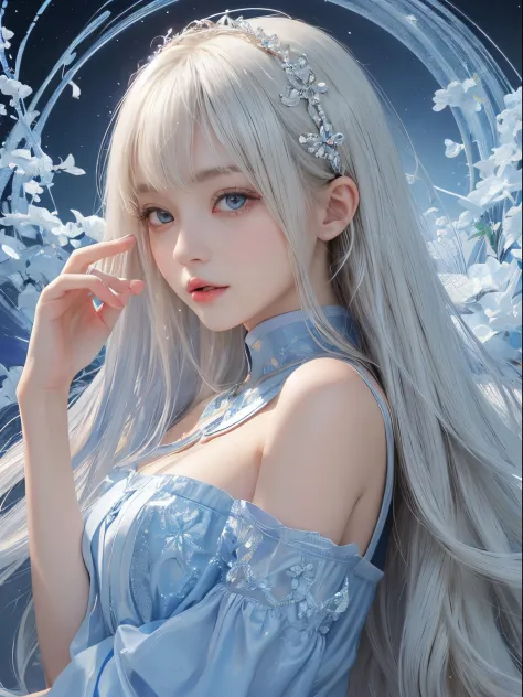 solo girl, 校服, blue-sky, bright and beautiful face, Skin is young, shiny, fair and shiny, best appearance, Golden hair reflects the dazzling light, Beautiful platinum blonde extra long silky straight hair with shiny shine, with long bangs, very beautiful 1...