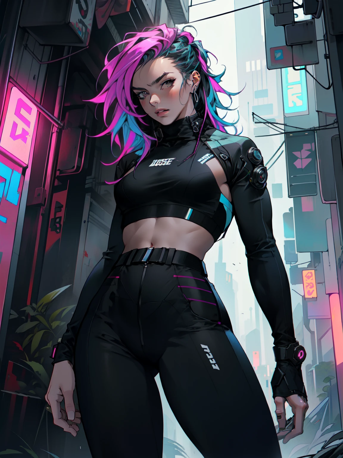 Masterpiece, best quality, high-res, extremely detailed, 1 girl 18 years old lookig very arrogant, in shape, fitness, (she is the villain, she is the final bose (female focus:1.3), woman, fitness, muscular, (very thin hips:1.1), (very wide waist:1.1), blade runner outfit, cyberpunk outfit, colorfull hair, multicolored hair