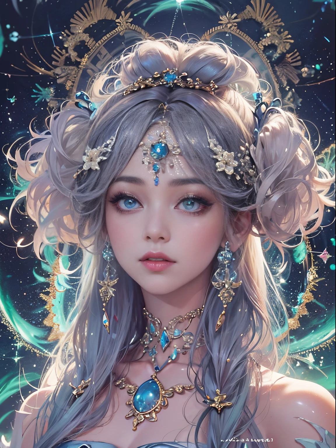 A woman with long hair and a tia with blue eyes - SeaArt AI