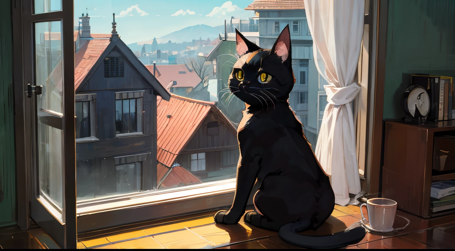 قطة سوداء ذات عيون مستديرة لطيفة。,يحدق خارج النافذة　في منزل