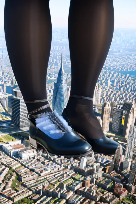 Bird View, giantess art, a hyperrealistic schoolgirl, highly detailed giantess shot, der riese, Shorthair, Black pantyhose, A gigantic high school girl that exceeds a skyscraper, Wearing rimless glasses, Colossal tits, Navy blue blazer, Red tie, Mini Lengt...
