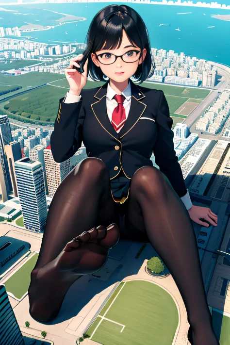Bird View, giantess art, a hyperrealistic schoolgirl, highly detailed giantess shot, der riese, Shorthair, Black pantyhose, A gigantic high school girl that exceeds a skyscraper, Wearing rimless glasses, Colossal tits, Navy blue blazer, Red tie, Mini Lengt...