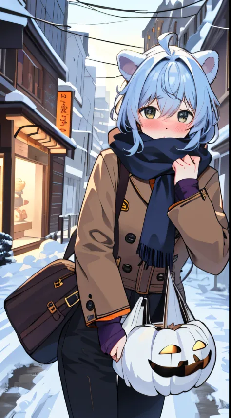 best quality,4k,8k,highres,masterpiece:1.2,ultra-detailed,realistic,photorealistic:1.37,street,Halloween decorations,traveling together,big snowfall,scarf,blushing faces,turning around