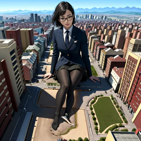 Multiple girls, Bird View, giantess art, a hyperrealistic schoolgirl, highly detailed giantess shot, der riese, Shorthair, Black pantyhose, A gigantic high school girl that exceeds a skyscraper, Wearing rimless glasses, Colossal tits, Navy blue blazer, Red...