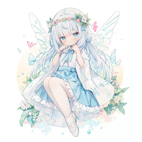 1girl in、(PastelColors:1.3)、(Cute illustration:1.3)、(watercolor paiting:1.1)、On White Background、jumpping、levitation、A smile、Aster Harmony Garden Sprite,White snow、Noelle、silber hair、
Jumpsuit with oversized butterfly wings in pastel colors,
Playful ruffle...