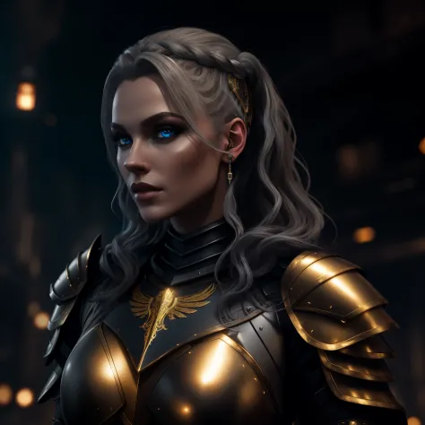 Valkyrie in black and gold intricate stitched (light armor:1.3) and black, long flowing white-haired, piercing blue eyes, wavy h...