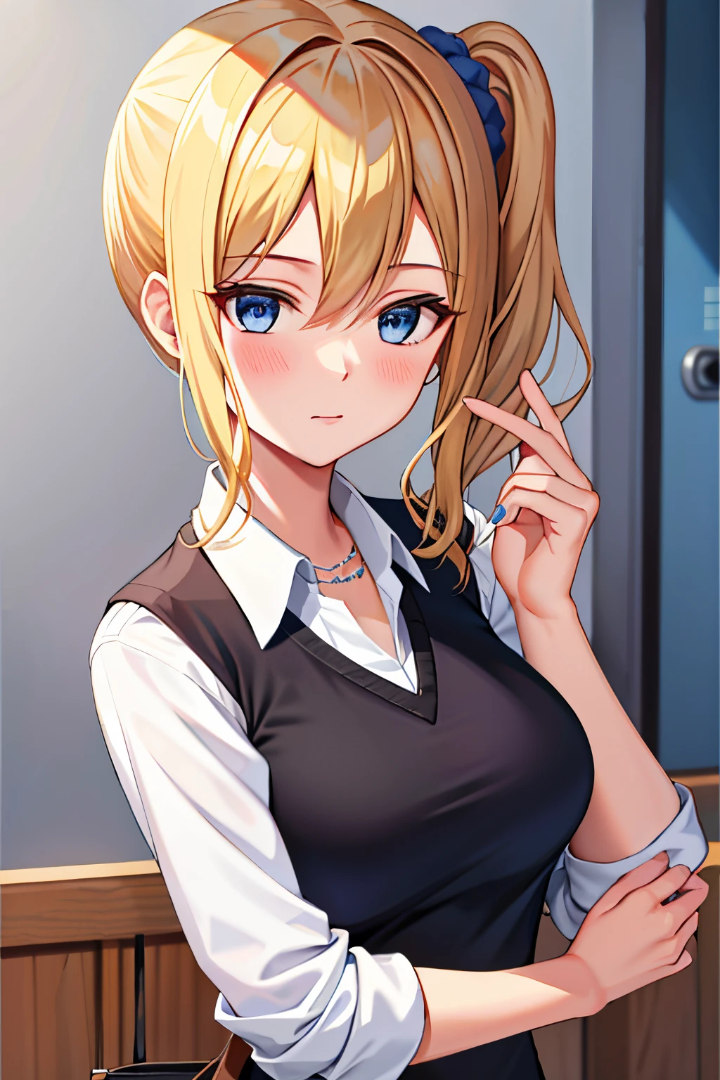 masterpiece, best quality, AiHayasakaV4, 1girl, solo, breasts, looking at viewer, blush, bangs, blue eyes, blonde hair,  background, shirt, hair ornament, white background, hair between eyes, jewelry, closed mouth, school uniform, white shirt, upper body, collared shirt, necklace, side ponytail, scrunchie, hair scrunchie, blue nails, blue scrunchie, shuuchiin academy school uniform