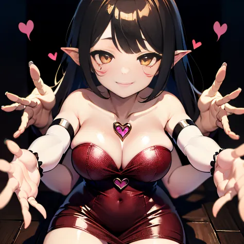 Succubus　Seduction poses　Erotic body　　kawaii faces　Enchanting face　Pose with open arms　heart mark　A slight smil　Peachy Hair　Eyes are hearts　4-arm　Charm Magic　Angle from above　Succubus Dresses