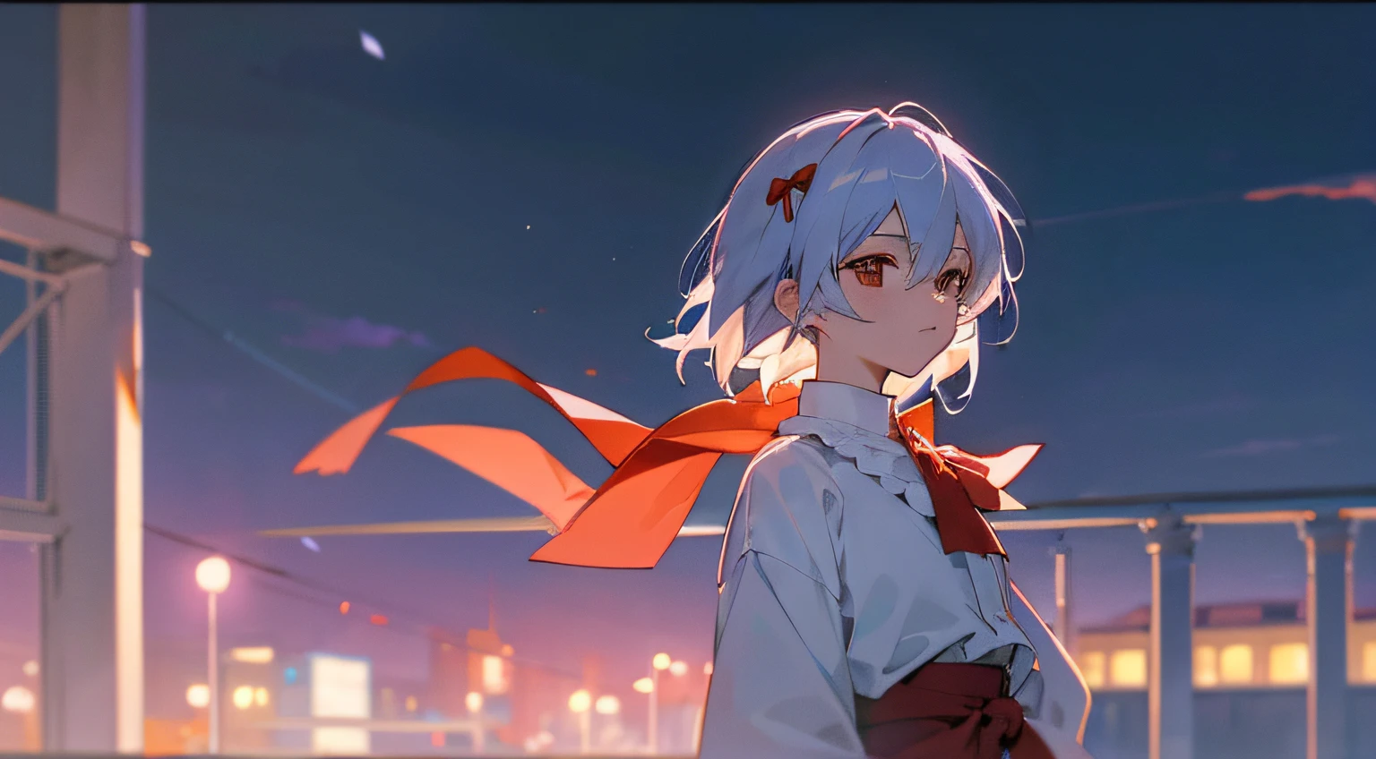 anime boy, with short, bluish-white hair ,orange eyes with a short tie and a white shirt, standing on a balcony in front of a city at night with blue and pink lights., anime boy, 4K anime style, Nagisa Kaworu, 2D anime style, Anime Moe Artstyle, anime style portrait, Made with Anime Painter Studio, stylized anime, ayanami, anime style digital art, anime artstyle, high quality anime artstyle, stylized anime,Christmas saying,snow style,rtx.