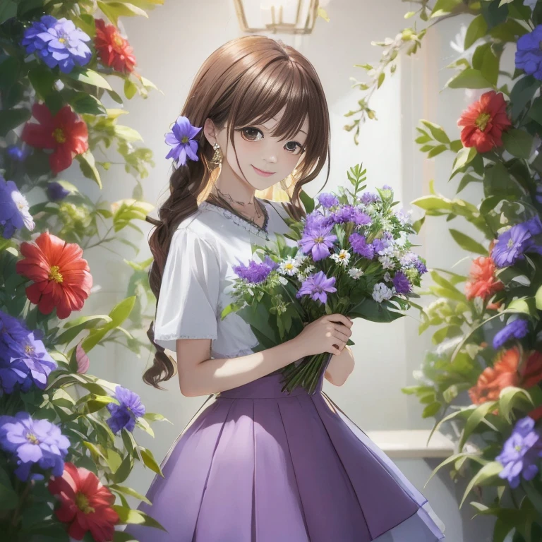 Anime girl tenant un bouquet devant la porte, Avec des fleurs, Plein de fleurs, style artistique anime moe, Fanart de Marin Kitagawa, tenant des fleurs, reine des fleurs, Fleur magique à la main, portrait de haute qualité, beau portrait animé, Des fleurs sur les joues des héritiers, belle fille animée, réalisé avec le studio de peintre d&#39;anime, Nishimiya Shouko