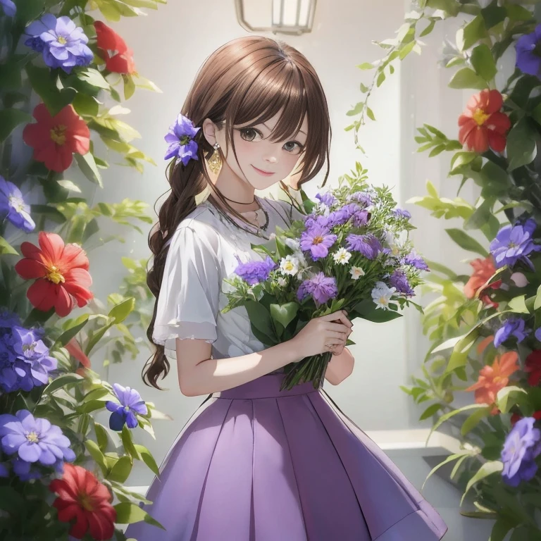 Menina de anime segurando um buquê na frente da porta, com flores, Cheio de flores, estilo de arte anime moe, vou fazer fanart também, segurando flores, rainha das flores, Flor mágica na mão, retrato de alta qualidade, lindo retrato de anime, Flores nas bochechas dos herdeiros, linda garota de anime, feito com estúdio de pintor de anime, nishimiya shouko