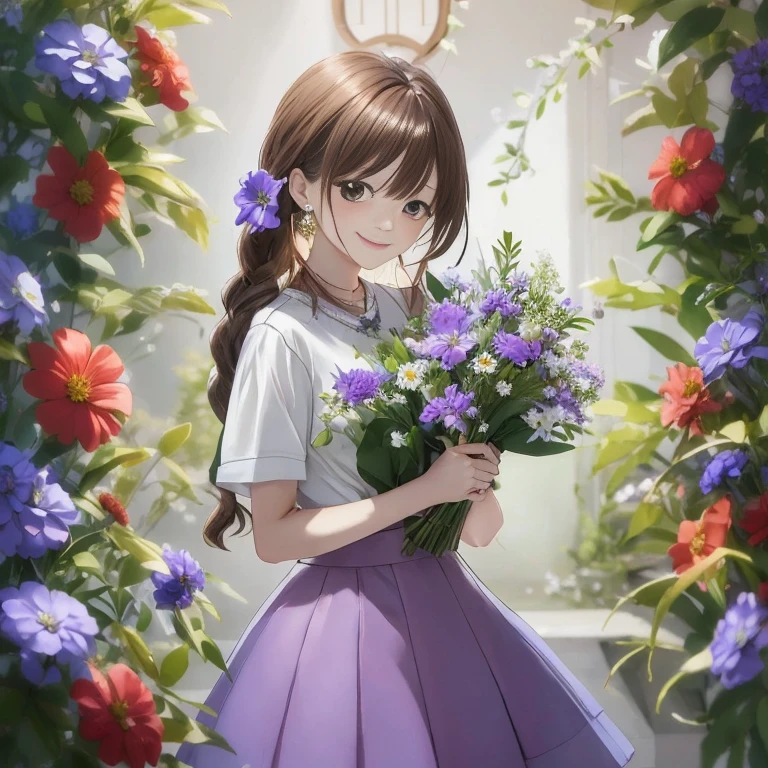 Anime girl holding a bouquet in front of the door, with flowers, full of flowers, anime moe art style, marin kitagawa fanart, Holding flowers, queen of flowers, Magic flower in hand, high quality portrait, Beautiful Anime Portrait, Flowers on the cheeks of heirs, Beautiful anime girl, made with anime painter studio, nishimiya shouko