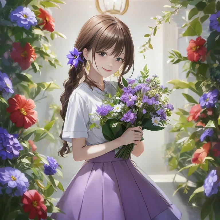 Anime girl tenant un bouquet devant la porte, Avec des fleurs, Plein de fleurs, style artistique anime moe, Fanart de Marin Kitagawa, tenant des fleurs, reine des fleurs, Fleur magique à la main, portrait de haute qualité, beau portrait animé, Des fleurs sur les joues des héritiers, belle fille animée, réalisé avec le studio de peintre d&#39;anime, Nishimiya Shouko