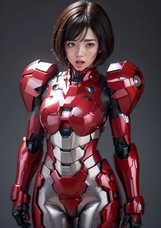 Homem de Ferro Feminino(vermelho e preto)、O brilho、cabelo cortado curto、pele texturizada, Super Detalhe, detalhes altos, alta qualidade, melhor qualidade, alta resolução, 1080p, disco rígido, lindo,(Gundam),linda mulher ciborgue,Garota Ciborgue Mecha,Modo de batalha,Garota com corpo Mecha,Ela usa um mecha Gundam futurista,Tiro de corpo inteiro、、Expressão de amargura、cara suada、、Abra bem a boca ao máximo、máscara facial completa、um sensual、encharcado、colocação、Vapor da cabeça、Abra sua virilha、A região pubiana é visível、Abrindo a boca、