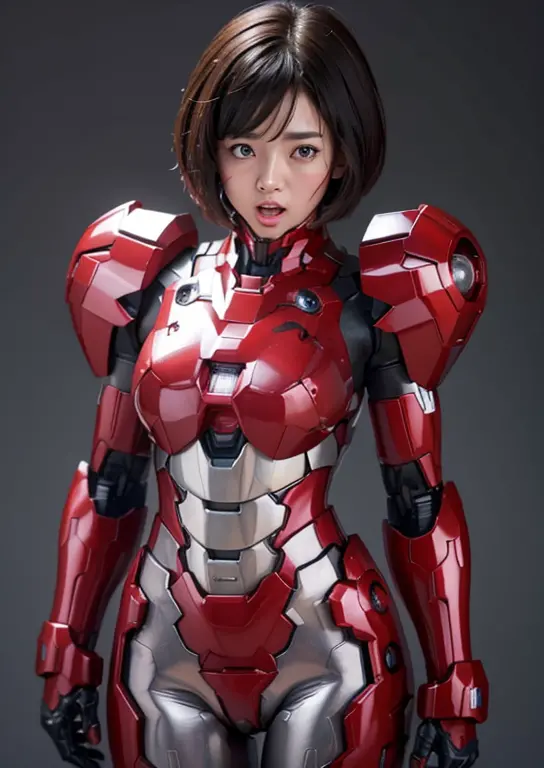 Female Iron Man(Red and black)、The sheen、short cut hair、Textured skin, Super Detail, high details, High quality, Best Quality, h...