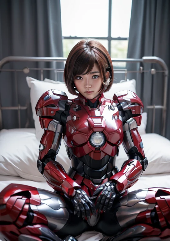 Female Iron Man(Red and black)、The sheen、short cut hair、Textured skin, Super Detail, high details, High quality, Best Quality, hight resolution, 1080p, hard disk, Beautiful,(Gundam),beautiful cyborg woman,Mecha Cyborg Girl,Battle Mode,Girl with a Mecha Body,She wears a futuristic Gundam mecha,Fulll body Shot、sexypose　lyin in bed　Spread your legs　The crotch is visible　Ecstatic look