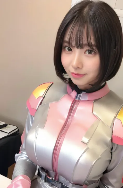 （ultra best quality、in 8K、masuter piece、delicate illustration、full body Esbian）,(She wears a futuristic shiny satin combat uniform in dark pink and white。。。。。。。。。。:1.3)、(Close-fitting combat uniform)、Beautiful and bewitching Japanese 25-year-old office lad...