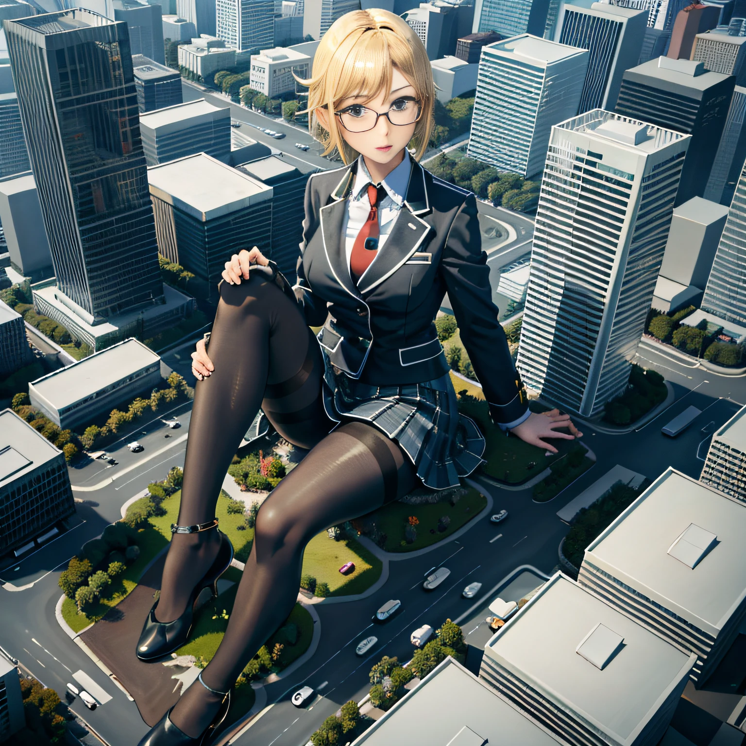 ARCHIAERIALVIEW, giantess art, a hyperrealistic schoolgirl, highly detailed giantess shot, der riese, Shorthair, Black pantyhose, A gigantic high school girl that exceeds a skyscraper, Wearing rimless glasses, Colossal tits, Navy blue blazer, Red tie, Mini Length Skirt, Black pantyhose, Pantyhose sole, Pantyhose Toe, hands off shoes, very small metropolis, Trying to destroy a miniature metropolis, Full body depiction, nffsw, Giga Giants, der riese, Black pantyhose, Pantyhose legs, Pantyhose sole, Stomping City, crash city, Small town, micro city,