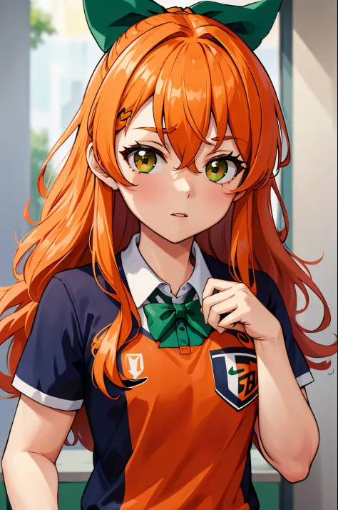 (soccer uniform),(highres:1.2),solo,nakano yotsuba, orange hair, hair bow, green bowtie
