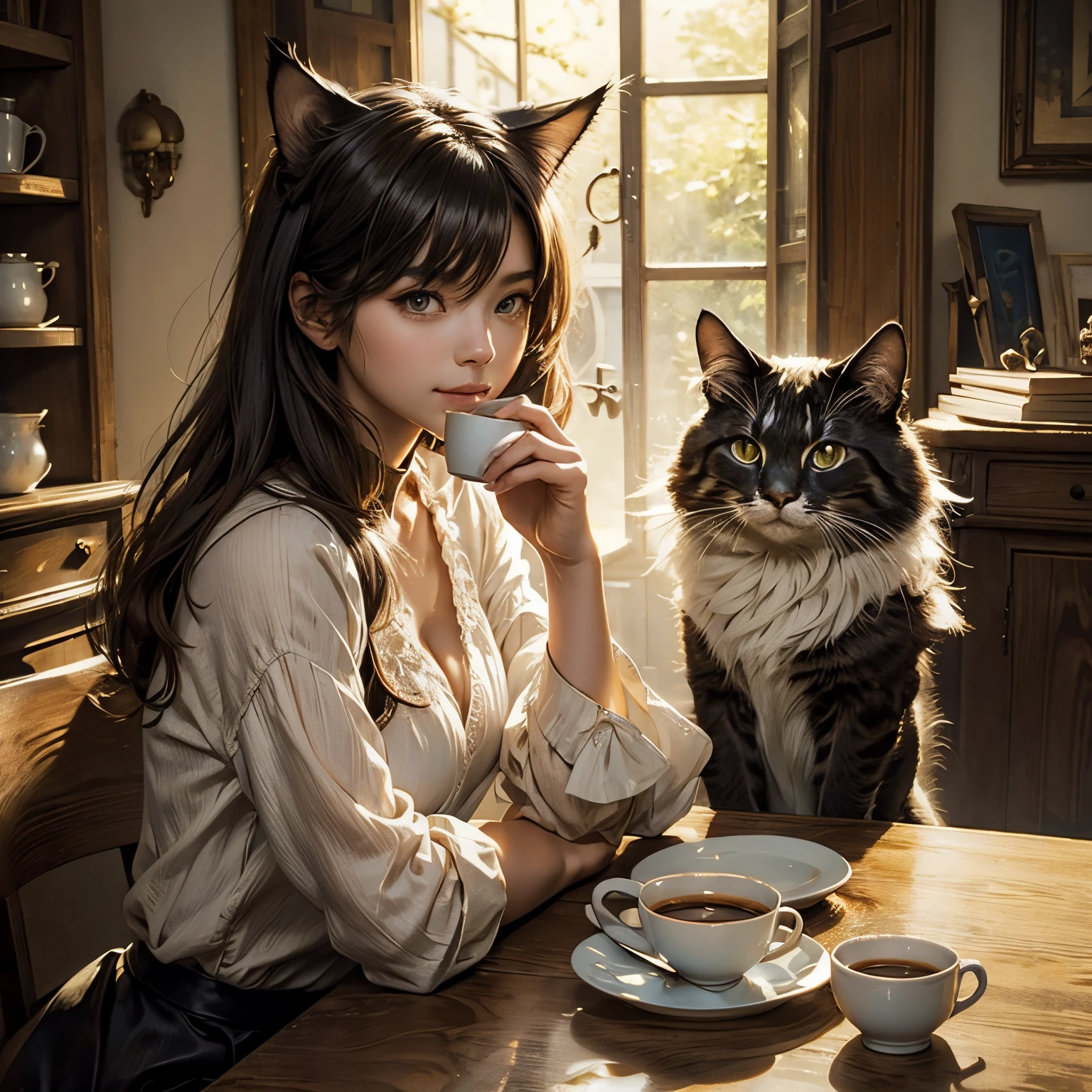 concept-art、❴Beautiful girl drinking coffee with cat❵、beautiful countenance、Gentle smile、Clear skin、Fantasia、accurate depiction、Accurate composition、​masterpiece、4K