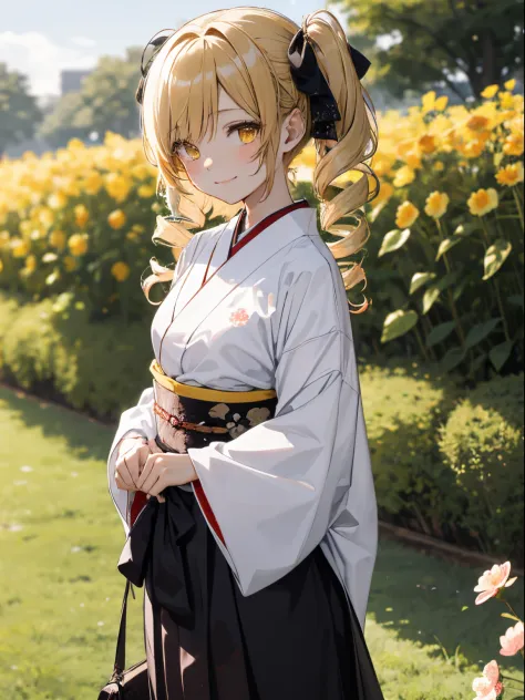ultra-detailliert, hight resolution,​masterpiece、top-quality、Mami Tomoe、ighly detailed,Three-dimensional feeling、front-facing view, One side up, Mamitomoe, Mami Tomoe, blondehair, Drill Hair, twin drills, (Yellow eyes:1.3)a closed mouth, bow ribbon, Long h...
